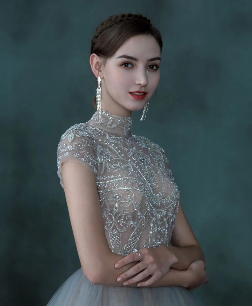 Blue Tulle Sequin Beading Long Prom Dress, Blue Aline Tulle Evening Dress - Deanwangkt