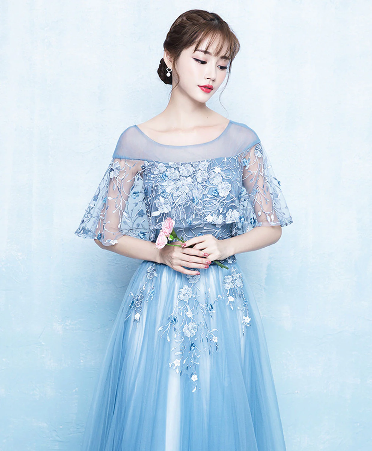 Blue Tulle Lace Long Prom Dress, Blue Tulle Evening Dress - Deanwangkt