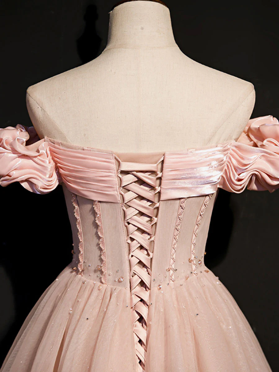 A line Pink Long Prom Dresses, Pink Tulle Formal Graduation Dresses With Beading - Deanwangkt
