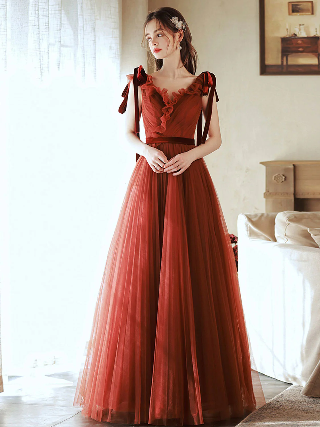 Brick Red V Neck Tulle Long Prom Dresses, Brick Red Tulle Formal Graduation Dresses - Deanwangkt