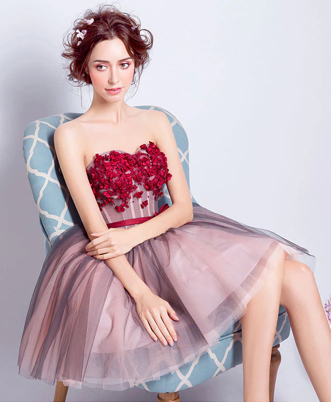 A Line Sweetheart Neck Tulle Mini Prom Dresses, Burgundy Homecoming Dress - Deanwangkt