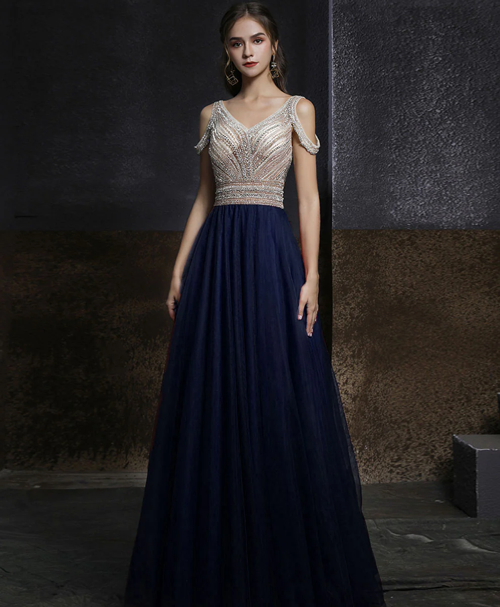 Burgundy V Neck Beading Long Prom Dress, Burgundy Long Formal Graduation Dress - Deanwangkt