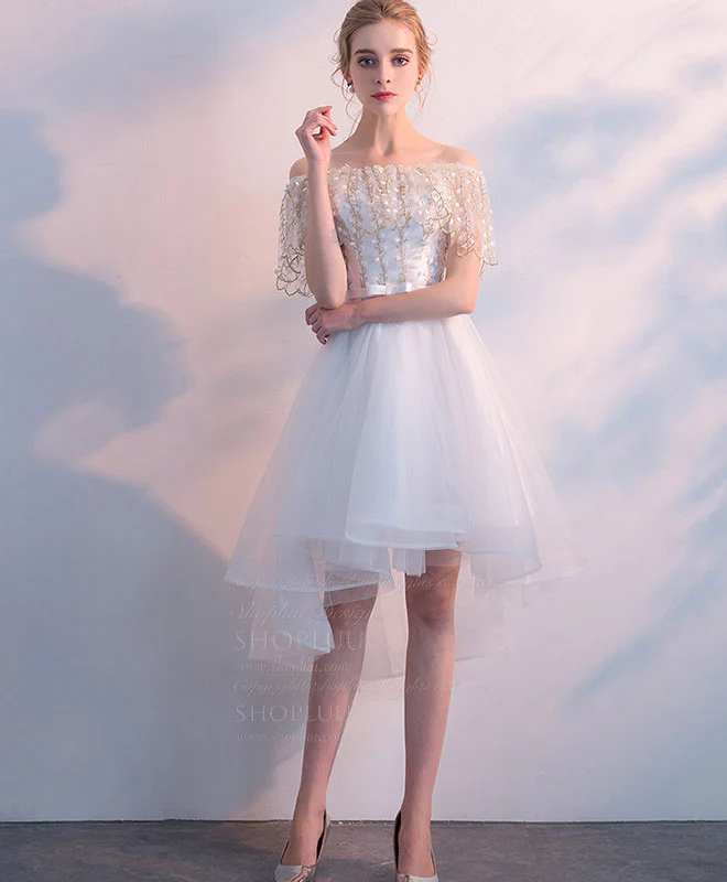 White Tulle Lace Short Prom Dress, White Homecoming Dress - Deanwangkt