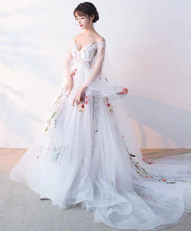 White Tulle Applique Long Prom Dress, White Evening Dress - Deanwangkt