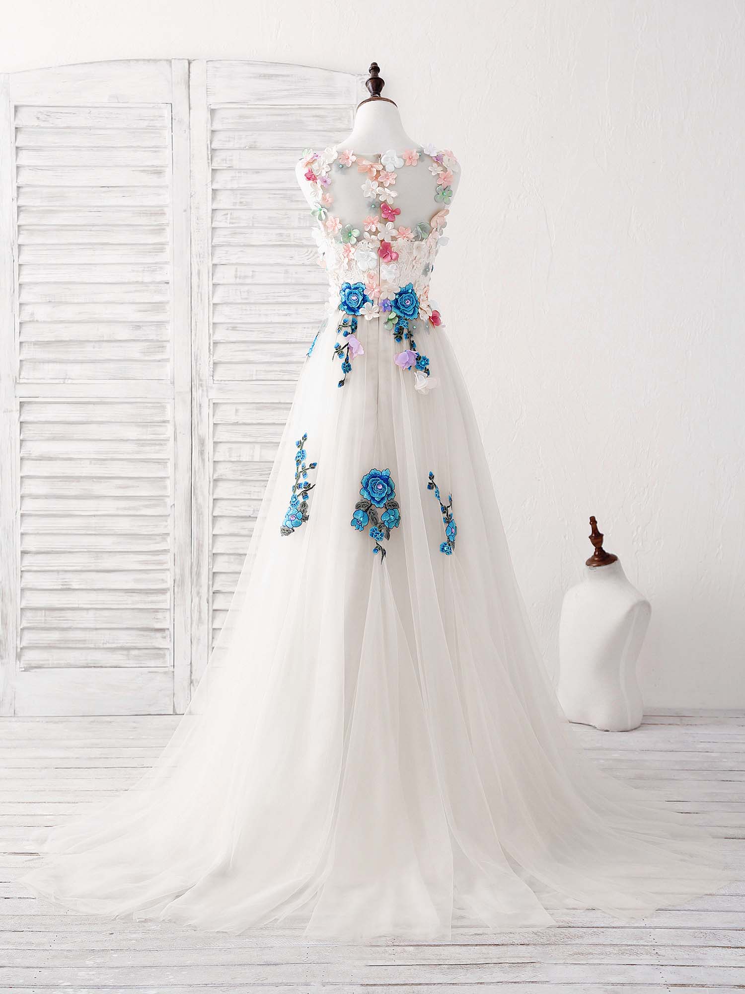 Tulle Lace Applique Long Prom Dress, Ivory Evening Dress - Deanwangkt