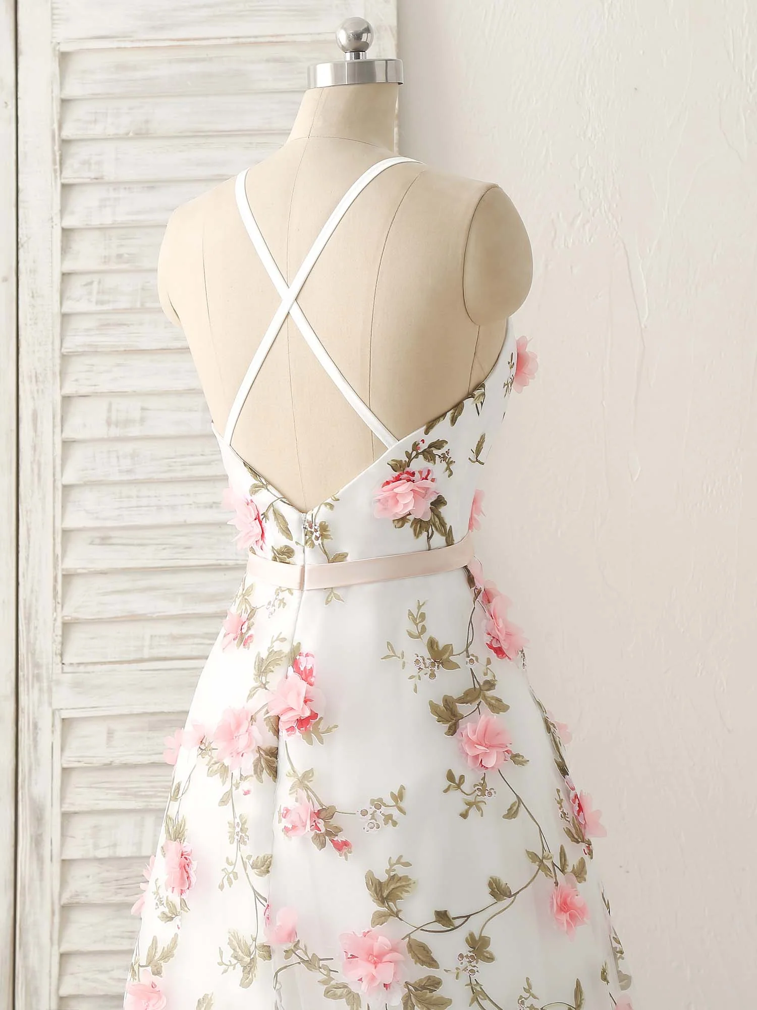 White V Neck 3D Applique Tulle Long Prom Dress White Evening Dress - Deanwangkt