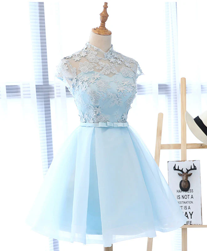 Light Blue Applique Short Prom Dress, Blue Homecoming Dress - Deanwangkt