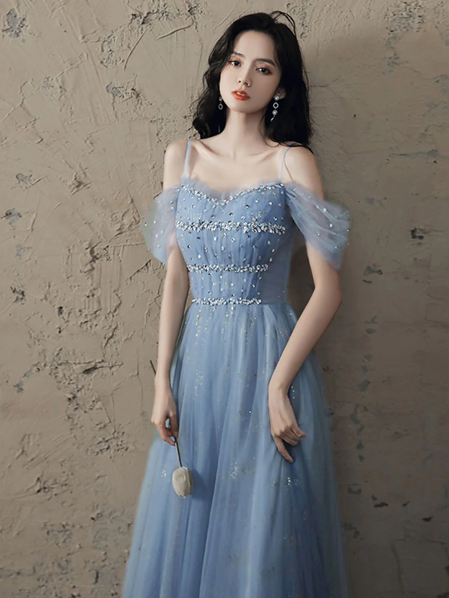 A line Off Shoulder Sequin Blue Long Prom Dress, Blue Long Party Evening Dresses - Deanwangkt