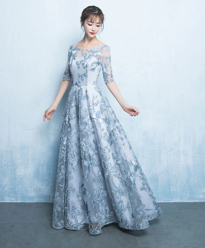 A Line Round Neck Tulle Gray Long Prom Dress, Formal Dress - Deanwangkt