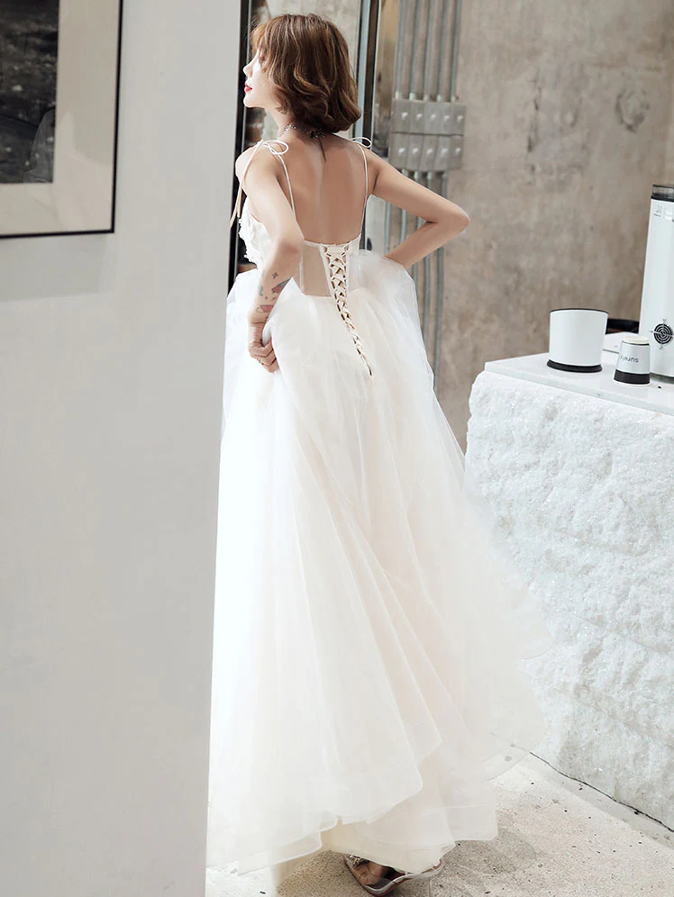 White V Neck Tulle Lace Long Prom Dress, White Evening Dress - Deanwangkt
