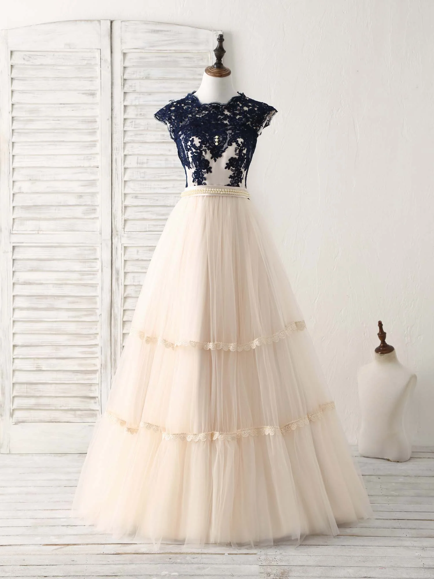 Elegant Tulle Lace Applique Long Prom Dress Tulle Evening Dress - Deanwangkt