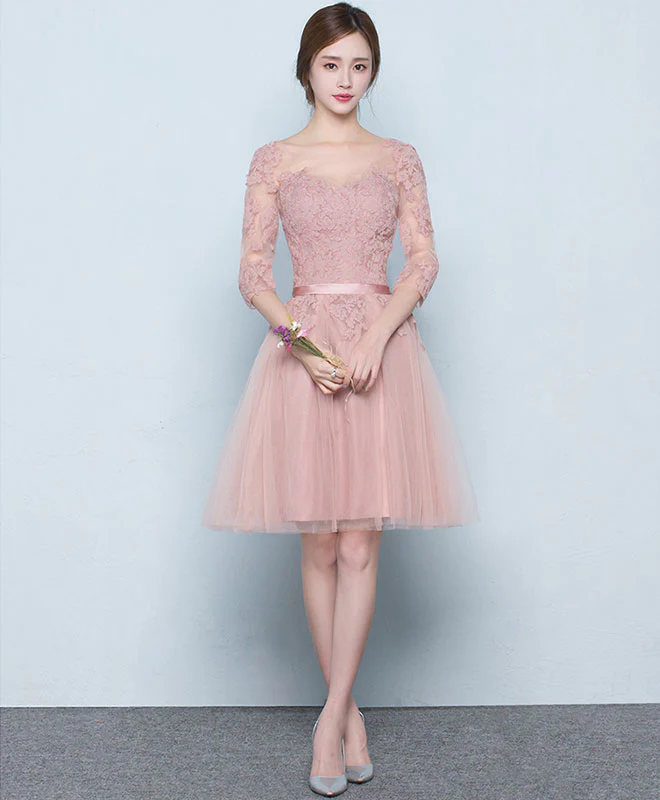 Pink Tulle Lace Short Prom Dress, Pink Tulle Bridesmaid Dress - Deanwangkt