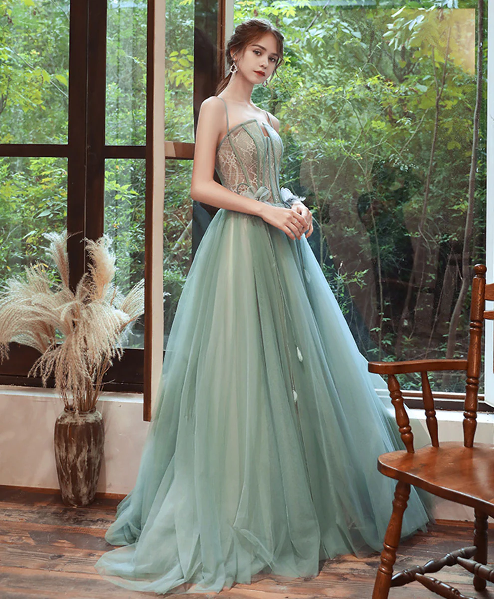 Green Tulle Lace Long Prom Dress Green Lace Tulle Formal Dress - Deanwangkt