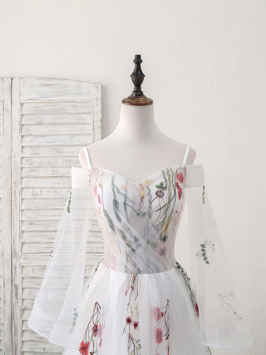 White Sweetheart Tulle Applique Long Prom Dress, White Evening Dress - Deanwangkt