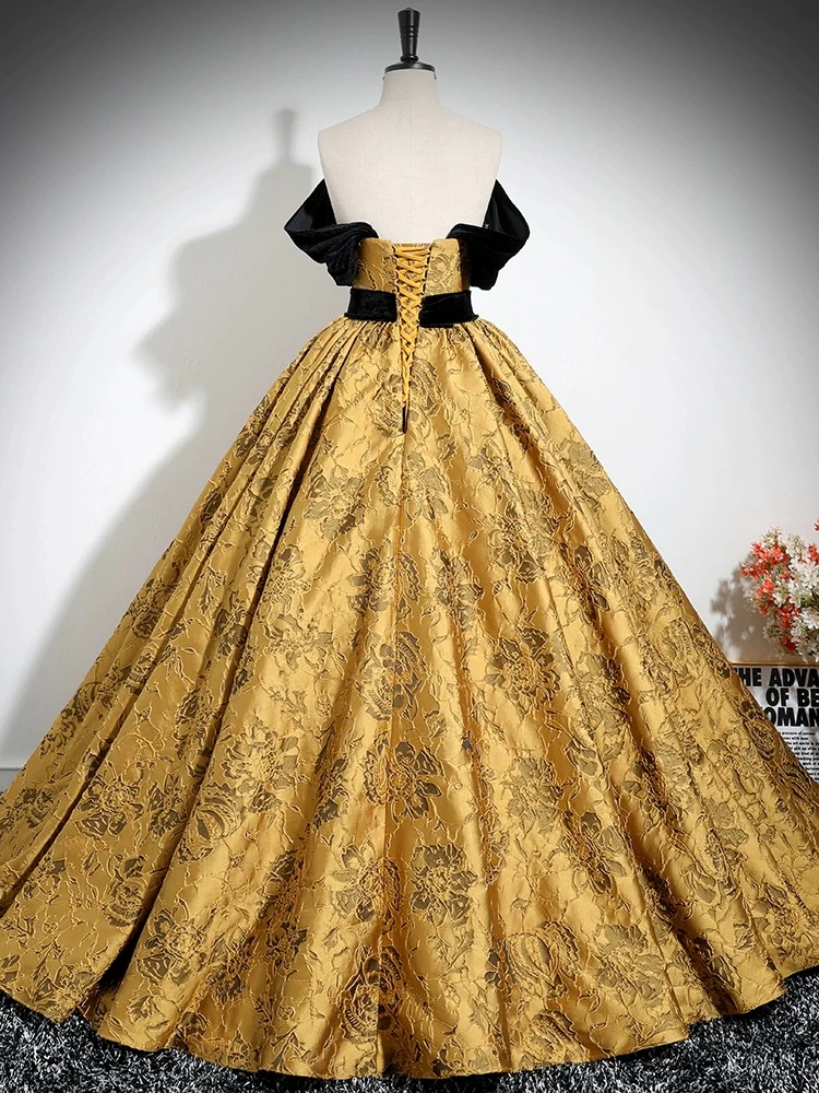 A-Line Off Shoulder Satin Gold Long Prom Dress, Gold Long Formal Dress - Deanwangkt