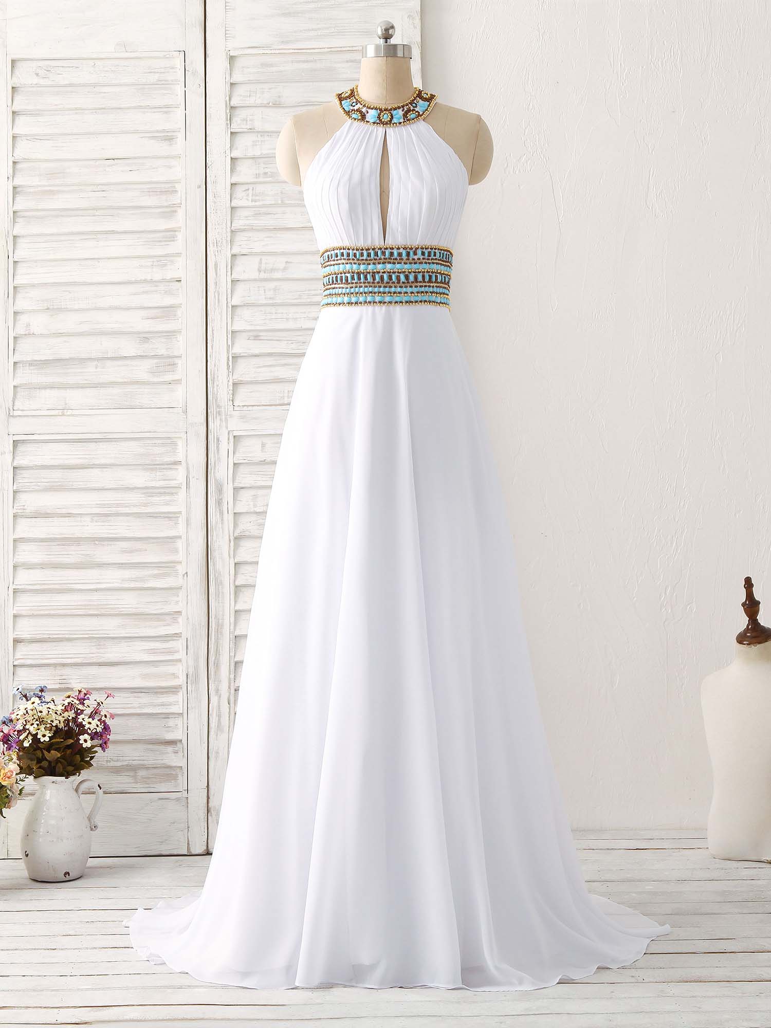 White Chiffon Beads Long Prom Dress, White Evening Dress - Deanwangkt