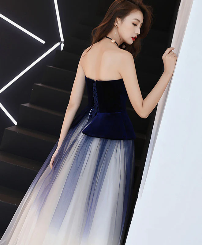 Unique Tulle Dark Blue Long Prom Dress, Tulle Evening Dress - Deanwangkt