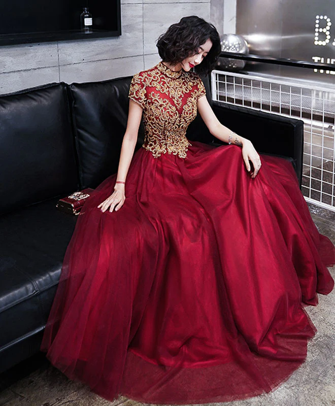 Burgundy Tulle Beads Long Prom Dress, Tulle Burgundy Evening Dress - Deanwangkt