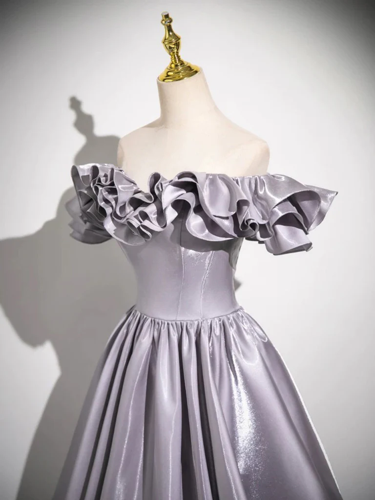 A-Line Off Shoulder Satin Gray Long Prom Dress, Gray Long Formal Dress - Deanwangkt