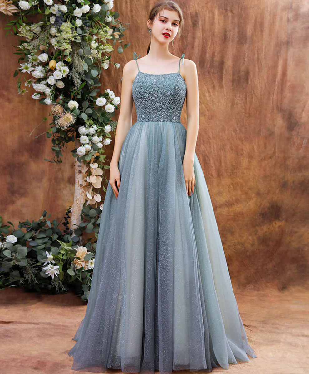 Unique Tulle Beads Long Green Prom Dress, Tulle Formal Dress - Deanwangkt