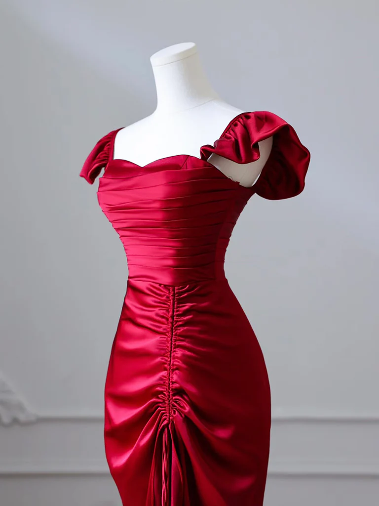 Simple Sweetheart Neck Satin Burgundy Long Prom Dress, Burgundy Long Formal Dress - Deanwangkt