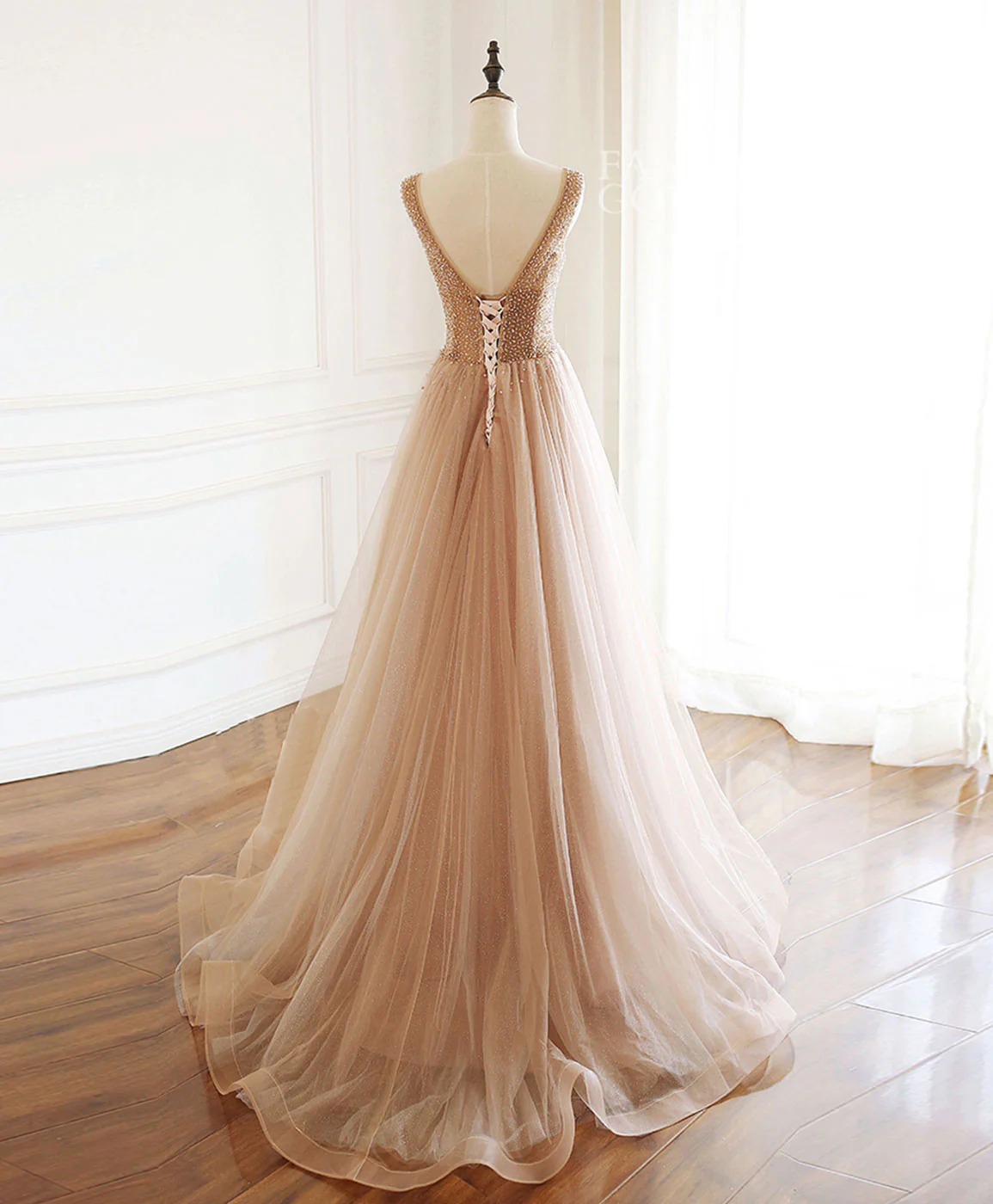 Champagne V Neck Tulle Beads Long Prom Dress Evening Dress - Deanwangkt