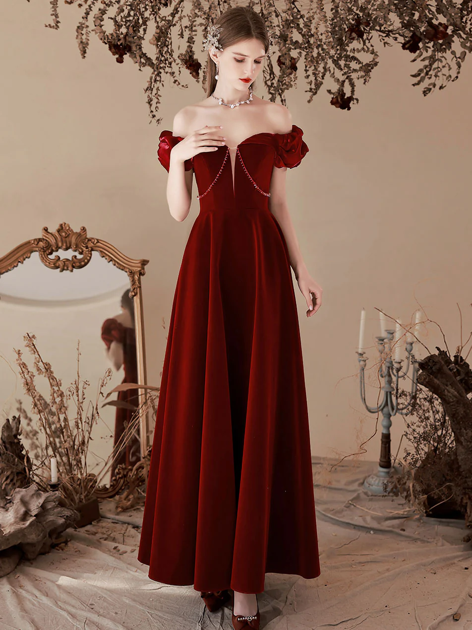 A-Line Off Shoulder Velvet Burgundy Long Prom Dresses, Burgundy Formal Evening Dress - Deanwangkt