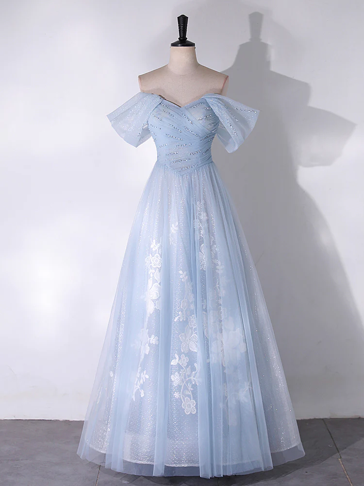 A-Line Off Shoulder Tulle Lace Blue Long Prom Dress, Blue Long Formal Dress - Deanwangkt