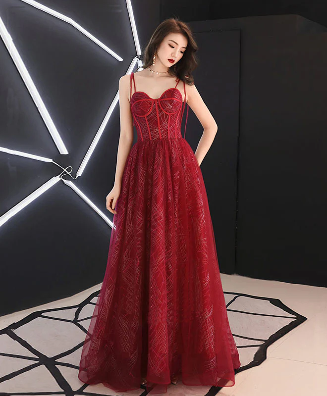Unique Sweetheart Tulle Long Prom Dress, Burgundy Tulle Evening Dress - Deanwangkt