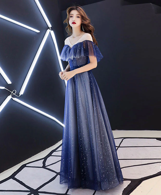Blue V Neck Tulle Long Prom Dress, Blue Tulle Evening Dress - Deanwangkt