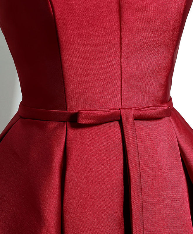 Simple Burgundy Satin V Neck Short Prom Dress, Evening Dress - Deanwangkt