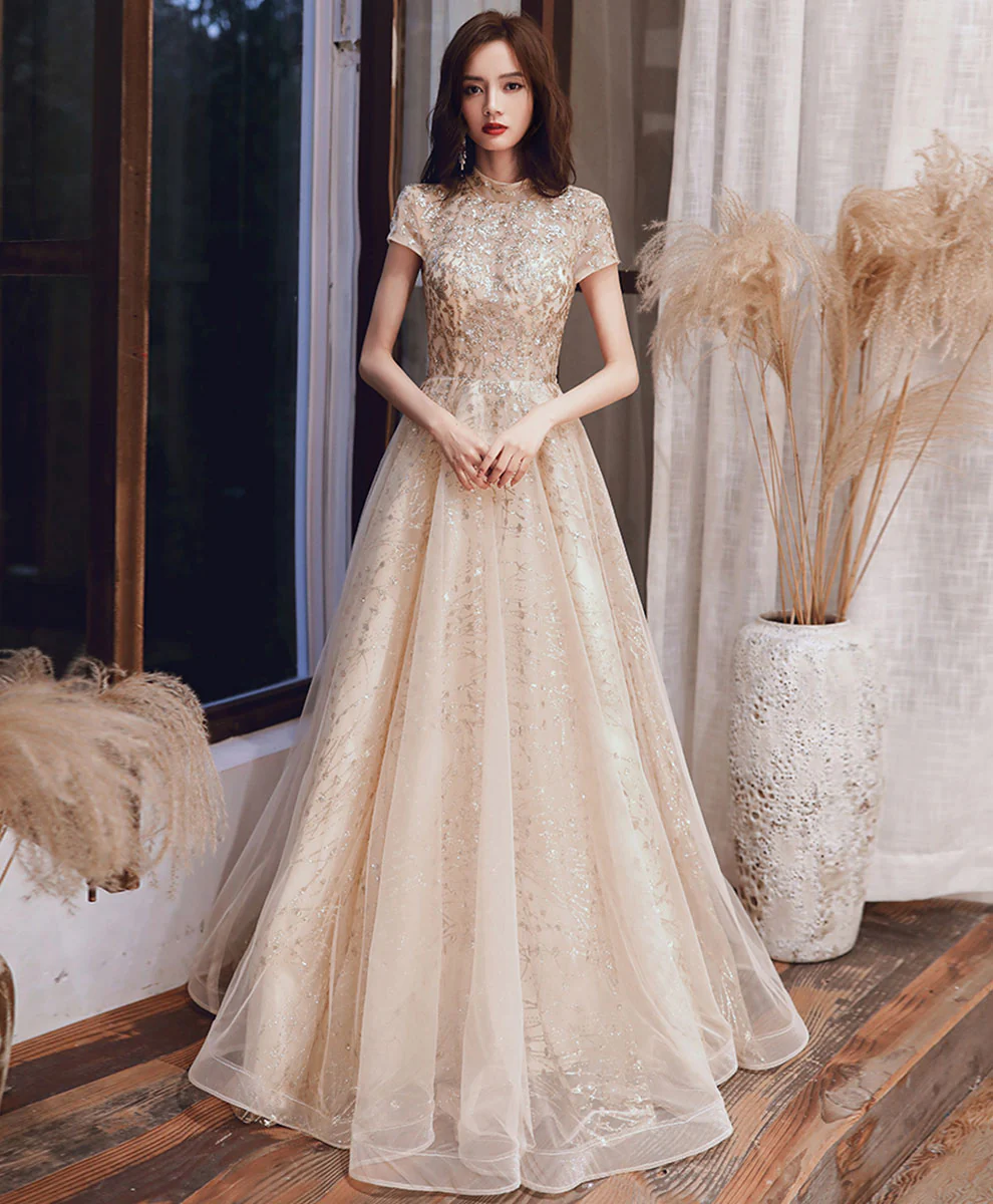 Champagne High Neck Tulle Sequin Long Prom Dress Formal  Dress - Deanwangkt