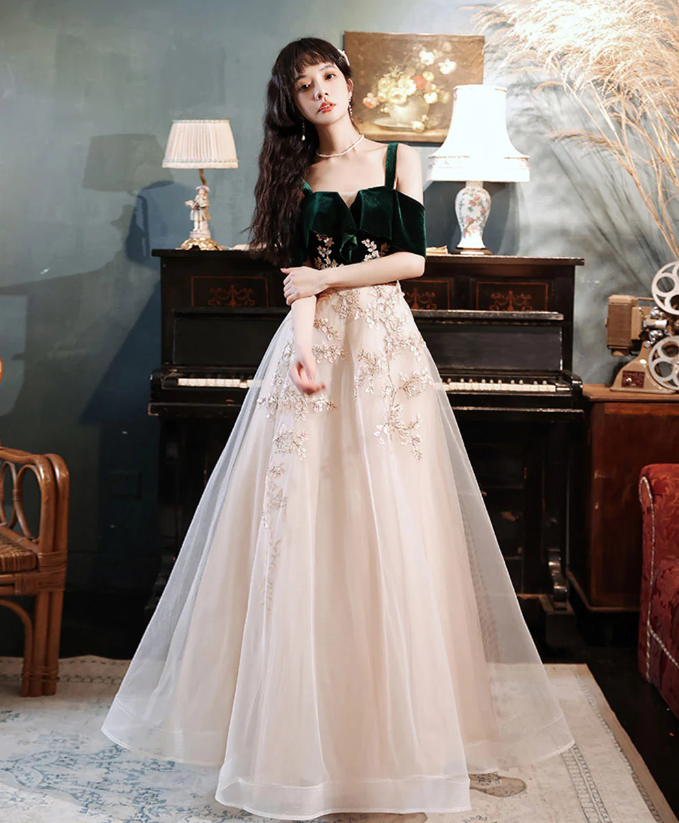 A line Green Tulle Lace Long Prom Dress, Green Formal Evening Party Dress - Deanwangkt