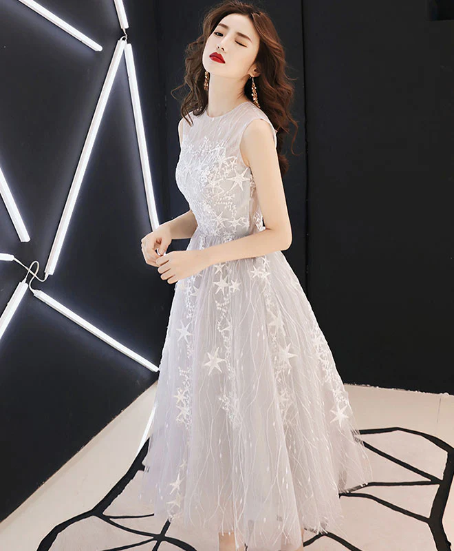 Gray Tulle Lace Short Prom Dress, Gray Homecoming Dress - Deanwangkt