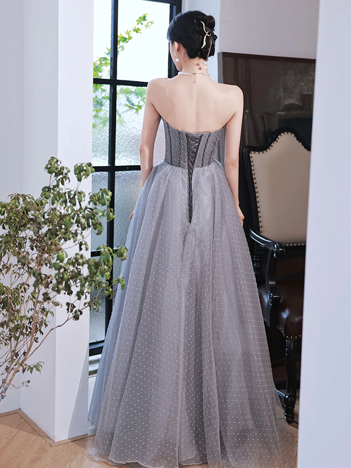 Gray Aline Tulle Gray Long Prom Dresses, Aline Gray Tulle Formal Evening Dresses - Deanwangkt