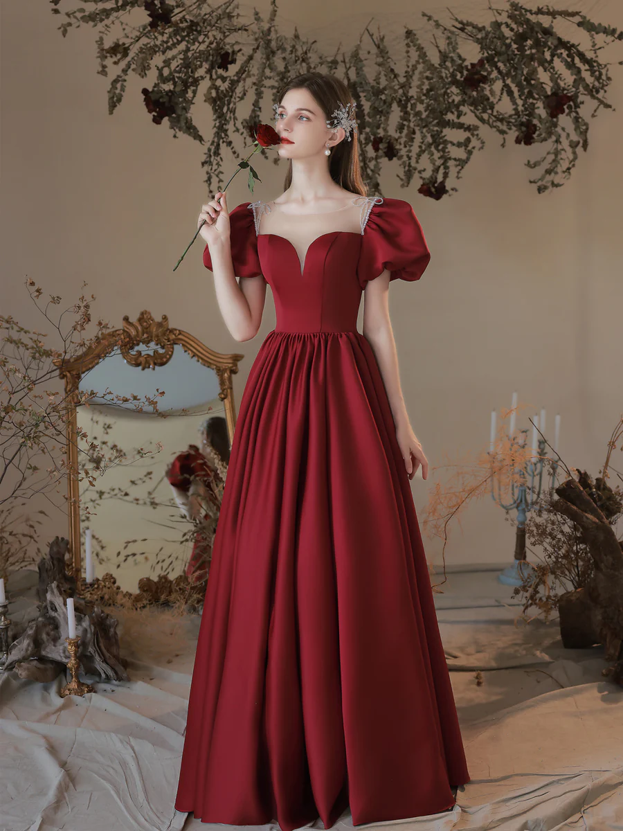Burgundy A line Satin Long Prom Dress, Burgundy Sweet 16 Dress - Deanwangkt