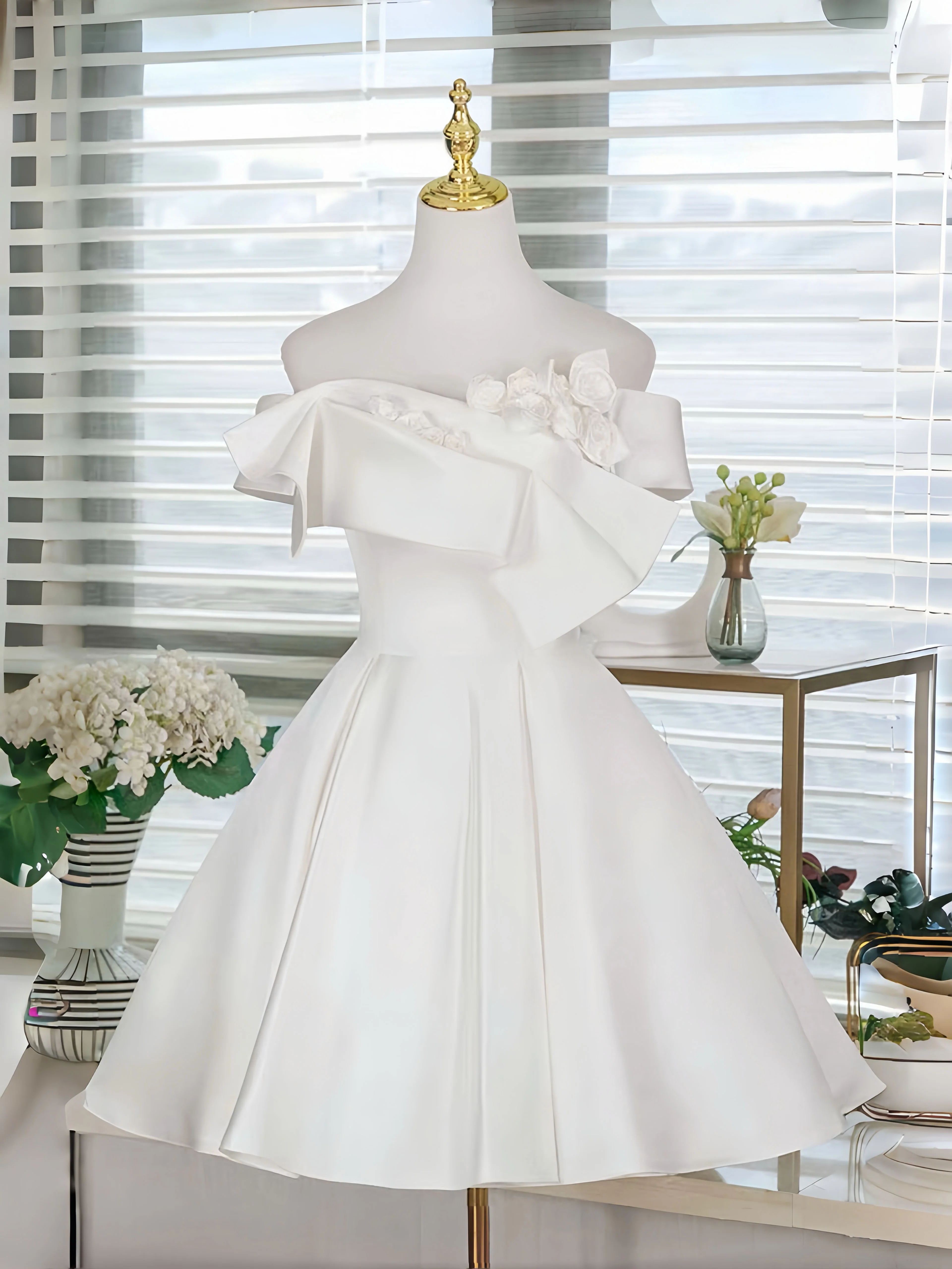 A-Line Off Shoulder White Short Prom Dress, White Homecoming Dress - Deanwangkt