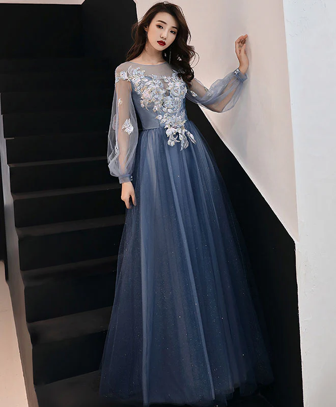 Blue Round Neck Tulle Lace Long Prom Dress Blue Formal Dress - Deanwangkt