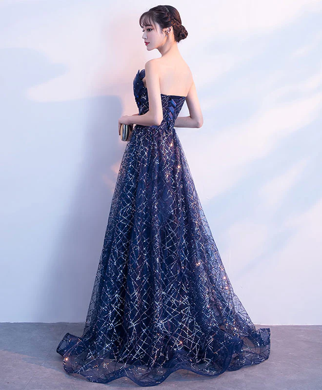 Elegant Blue Lace Tulle Long Prom Dress, Blue Evening Dress - Deanwangkt