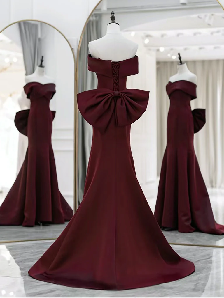 Simple Mermaid Satin Burgundy Long Prom Dress, Burgundy Long Formal Dress - Deanwangkt