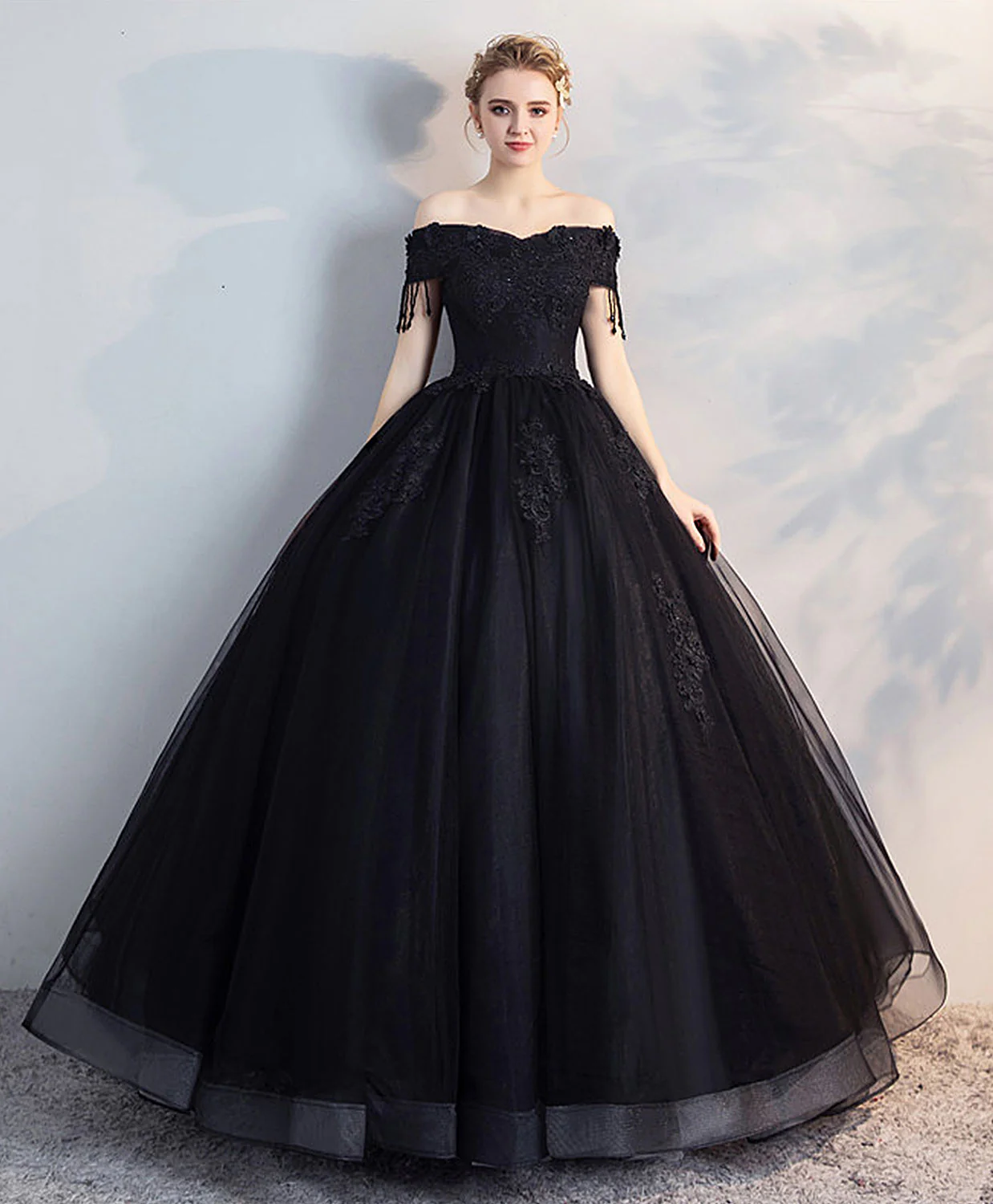 Black Off Shoulder Lace Tulle Long Prom Dress, Black Evening Dress - Deanwangkt