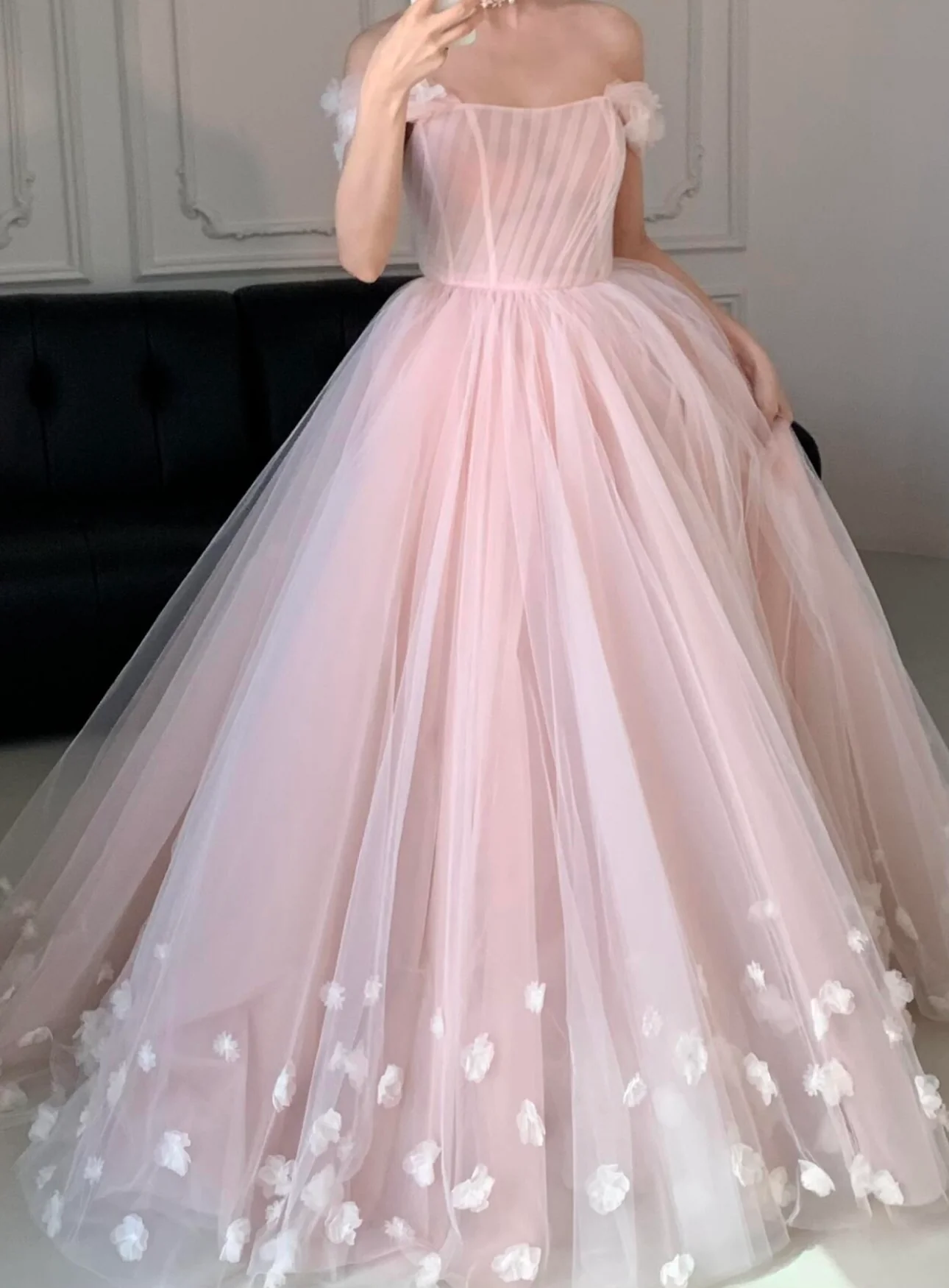 A-Line Off Shoulder Tulle Flower Pink Long Prom Dress, Pink Long Evening Dress - Deanwangkt