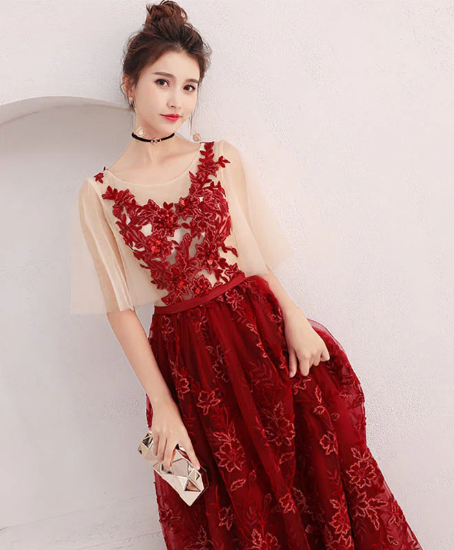 Burgundy Lace Long Prom Dress, Burgundy Formal Long Graduation Dress - Deanwangkt