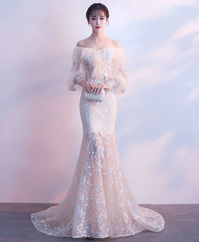 Champagne Tulle Lace Mermaid Long Prom Dress, Tulle Lace Evening Dress - Deanwangkt