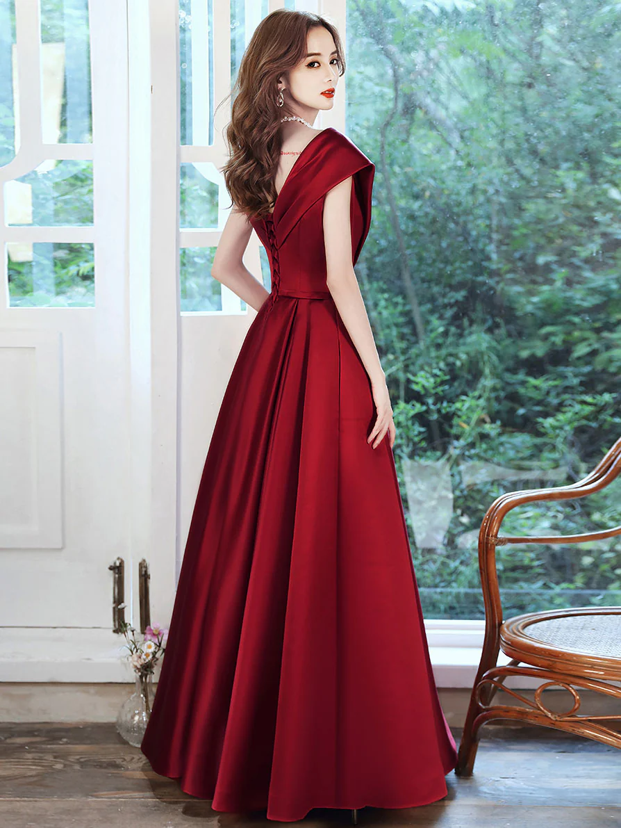 Simple V Neck Burgundy Long Prom Dress, Burgundy A-line Formal Dresses - Deanwangkt