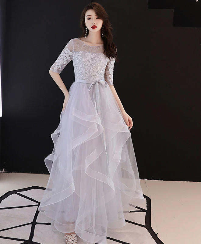 Gray Tulle Lace Long Prom Dress, Gray Tulle Formal Graduation Dress - Deanwangkt