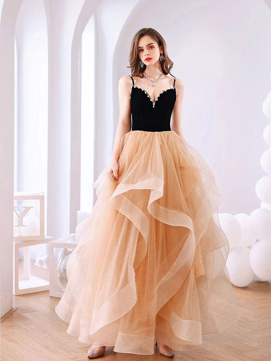 Champagne Tulle Long Prom Dresses, Champagne Tulle Formal Graduation Dresses - Deanwangkt