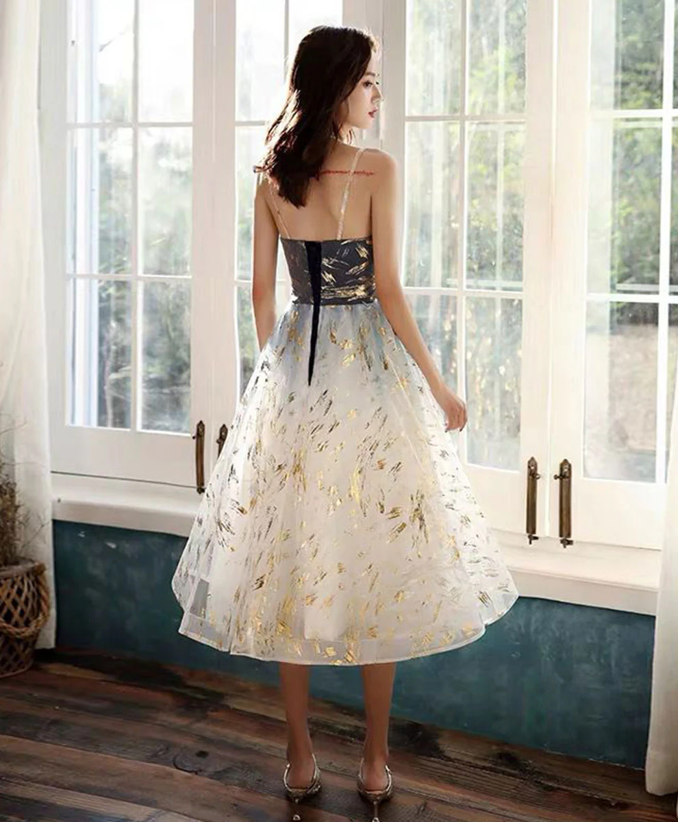 Blue/Champagne Tulle Lace Short Prom Dress, Blue/Champagne Tulle Homecoming Dress - Deanwangkt