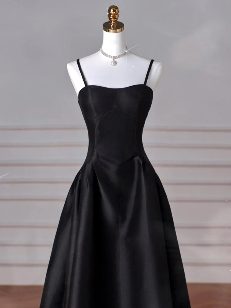 A-Line  Satin Black Long Prom Dress, Black Long Evening Dress - Deanwangkt