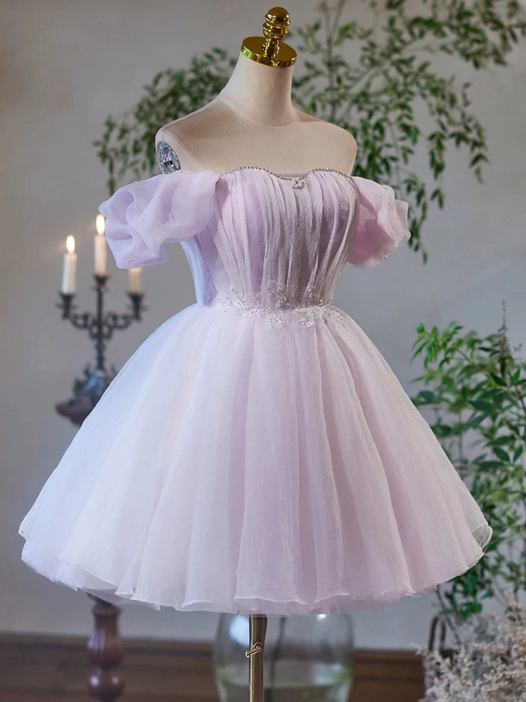 A-Line Sweetheart Neck Tulle Purple Short Prom Dress, Purple Homecoming Dress - Deanwangkt